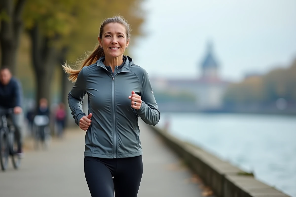 Femme faisant du jogging sur les berges du Rhône à Lyon avec la basilique de Fourvière en arrière-plan