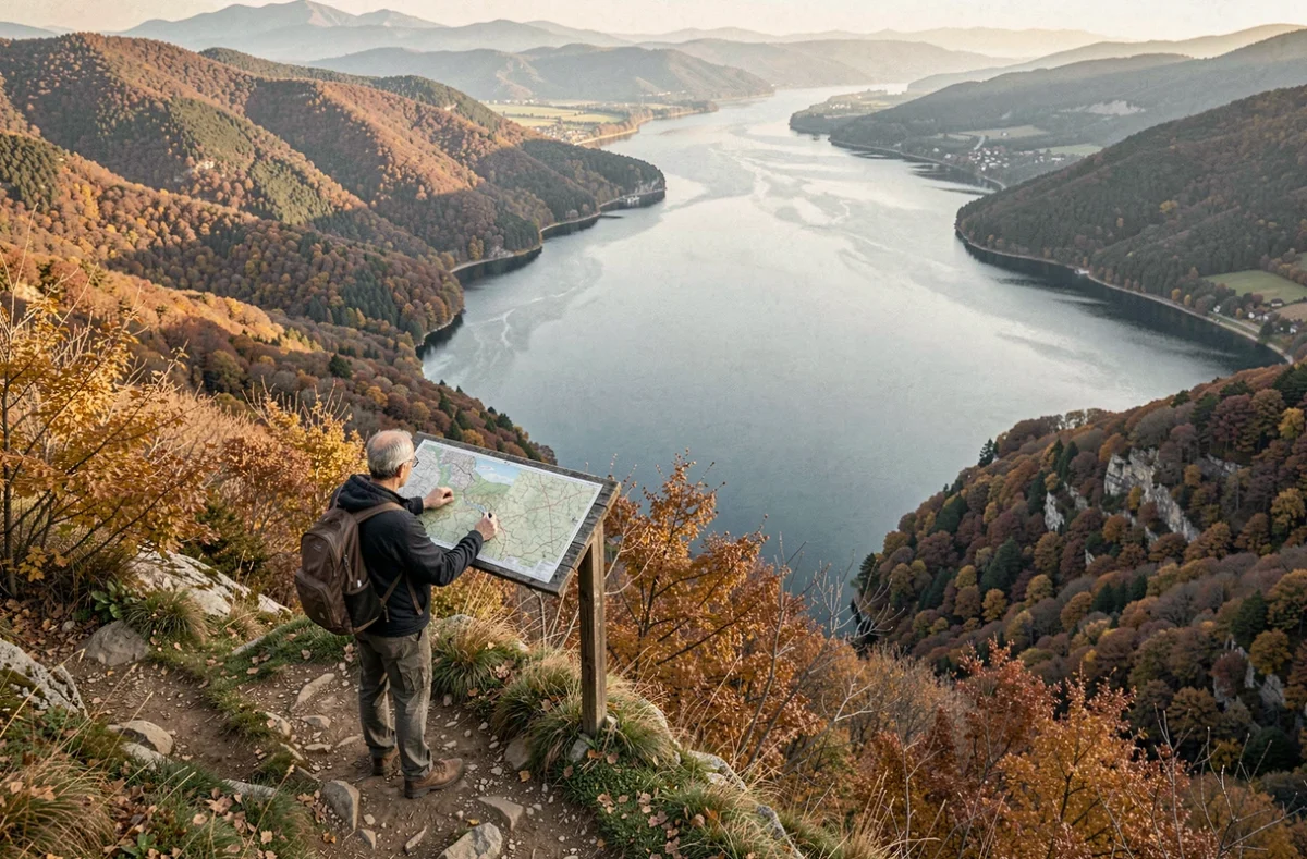 Randonneur observant le Lac du Bourget depuis les hauteurs de la Chambotte en automne avec vue sur la silhouette allongée du plus grand lac naturel de France