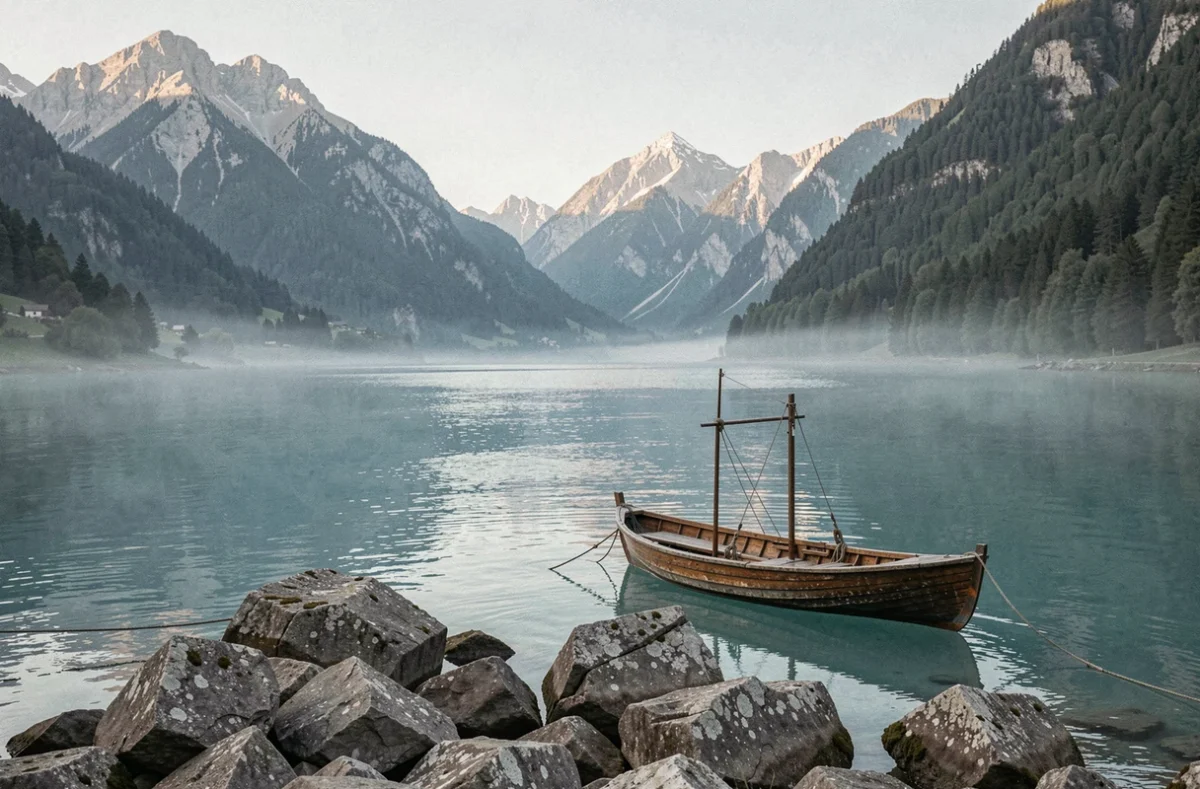 Vue panoramique du Lac du Bourget depuis les rives rocheuses avec les montagnes des Bauges en arrière-plan et une barque en bois amarrée au premier plan