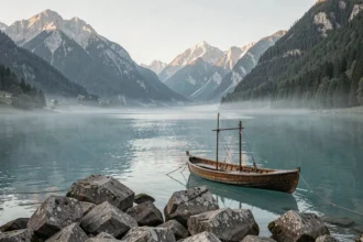 Vue panoramique du Lac du Bourget depuis les rives rocheuses avec les montagnes des Bauges en arrière-plan et une barque en bois amarrée au premier plan