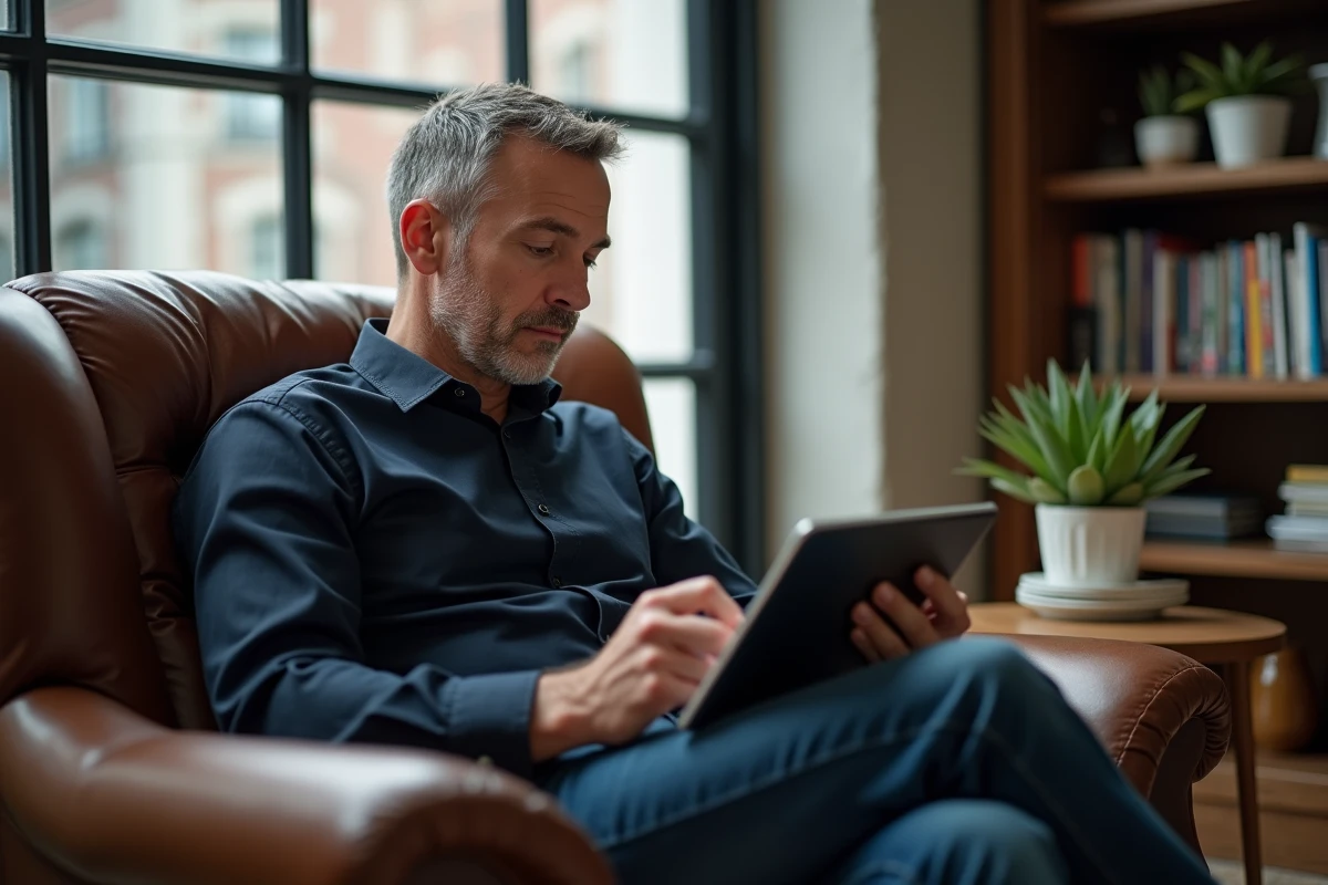 Homme consultant des avis sur le magazine Epershand via une tablette dans un bureau à domicile