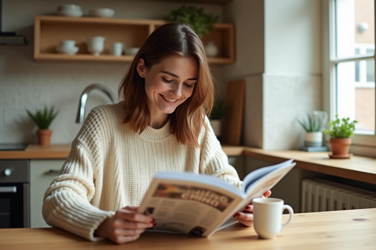 Femme lisant le magazine Epershand à sa table de cuisine, illustrant l'expérience lecteur avec un exemplaire imprimé