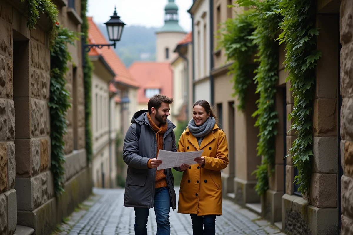 Couple se promenant dans les ruelles pavées du quartier Malá Strana à Prague avec le château en arrière-plan