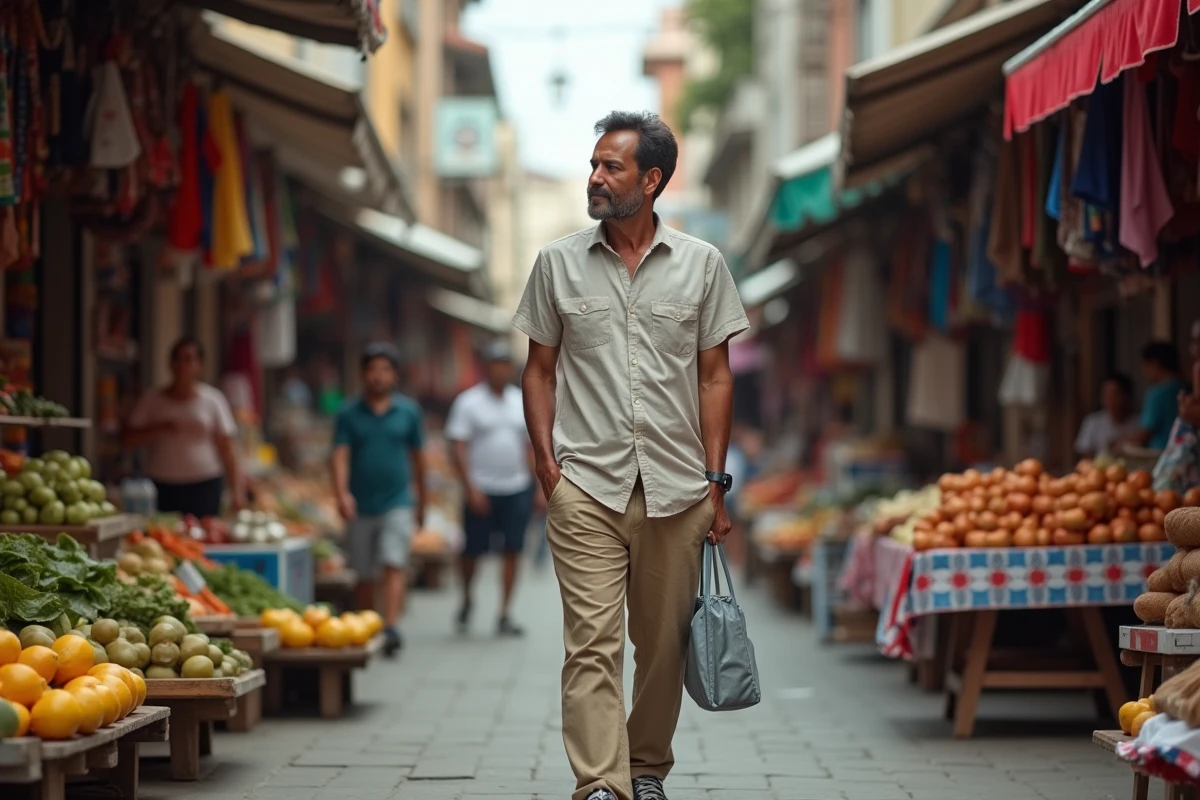 Homme nicaraguayen marchant dans un marché animé de Managua