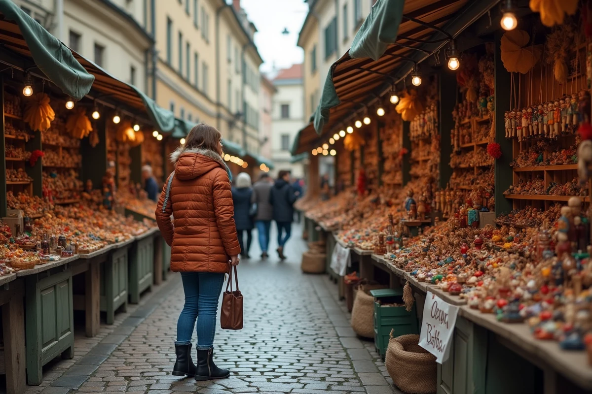 Femme explorant un marché artisanal traditionnel à Prague avec des marionnettes et souvenirs tchèques exposés