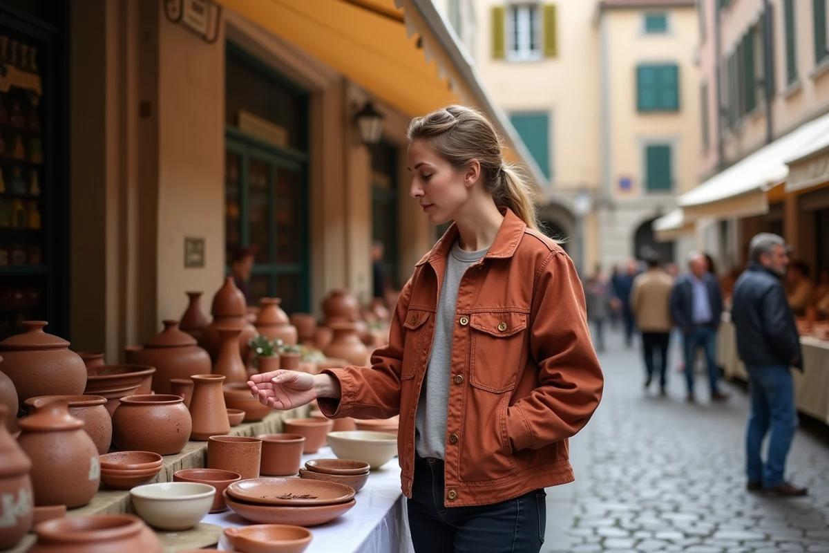 Femme explorant un marché artisanal dans le quartier de la Croix-Rousse à Lyon, entourée de céramiques et de bâtiments en pierre