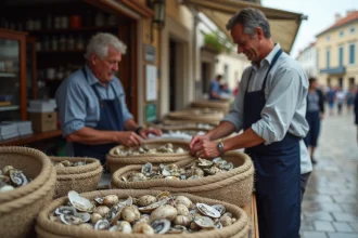Vendeur d'huîtres sur un marché de l'île de Ré avec des cagettes et des filets de coquillages frais sur un étal en bois rustique