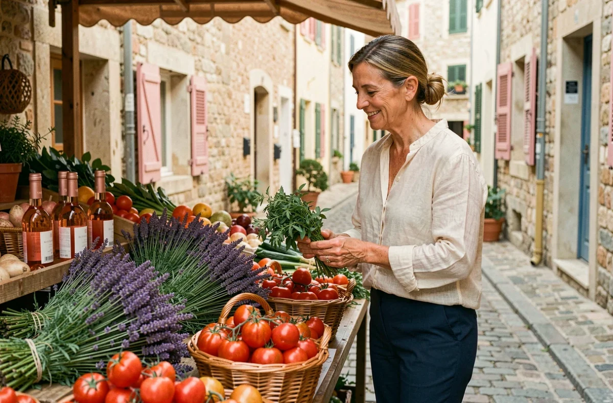 Femme visitant un marché provençal à Cassis avec étals de produits locaux et façades colorées en arrière-plan