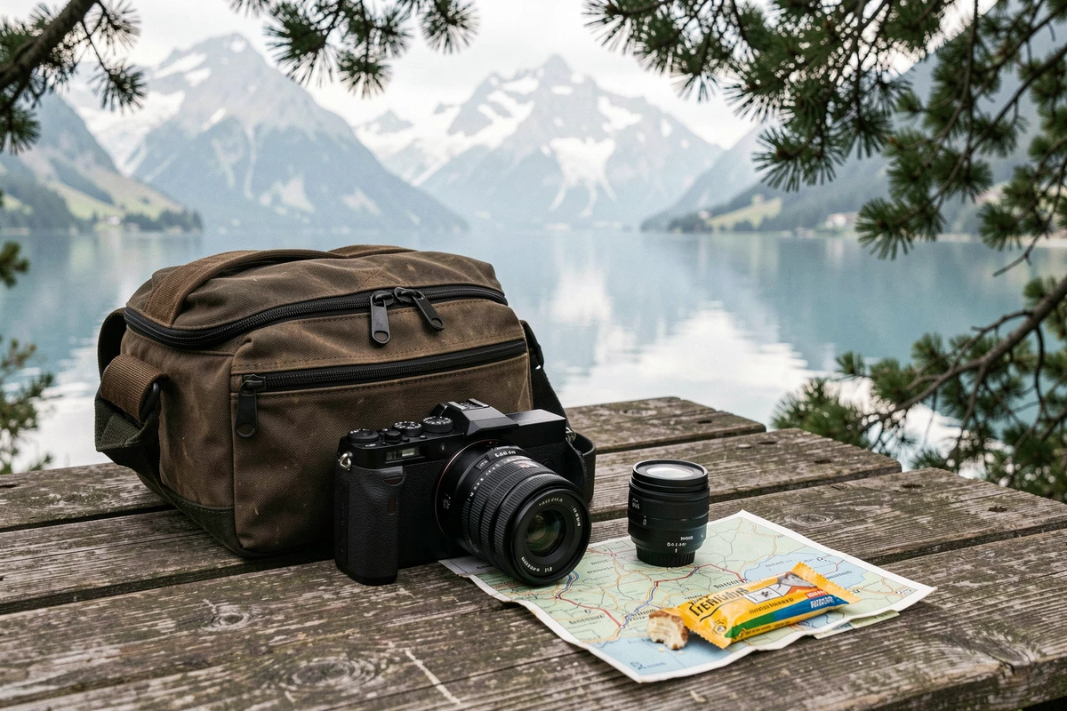 Matériel photographique posé sur un banc en bois au bord du lac Oeschinensee avec le reflet du glacier Blüemlisalp en arrière-plan flou