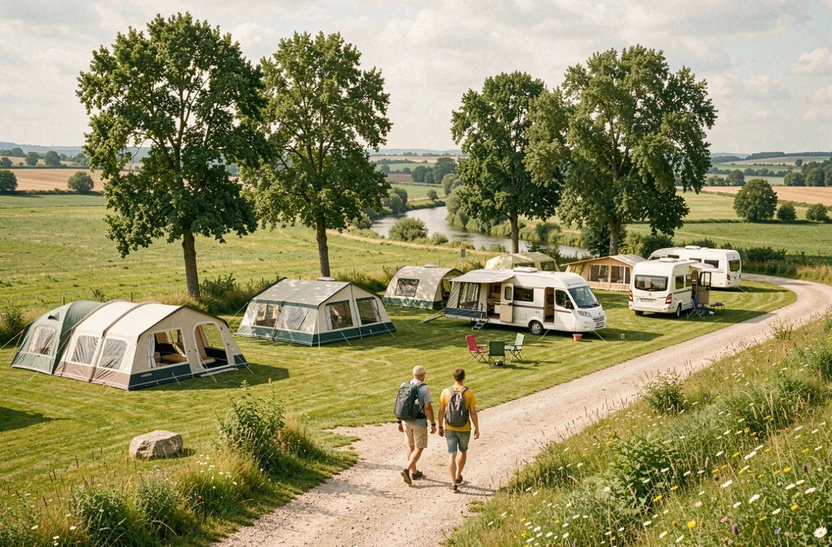 Vue panoramique d'un camping familial en Seine-et-Marne avec prairies verdoyantes, tentes et camping-cars dans un cadre champêtre typique de la région
