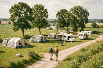 Vue panoramique d'un camping familial en Seine-et-Marne avec prairies verdoyantes, tentes et camping-cars dans un cadre champêtre typique de la région