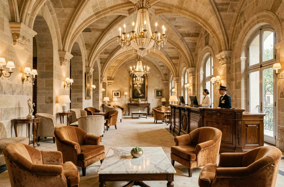 Hall d'entrée luxueux d'un grand hôtel lyonnais avec architecture Renaissance et décoration contemporaine