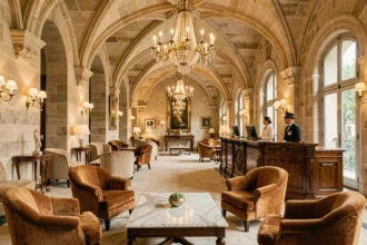 Hall d'entrée luxueux d'un grand hôtel lyonnais avec architecture Renaissance et décoration contemporaine