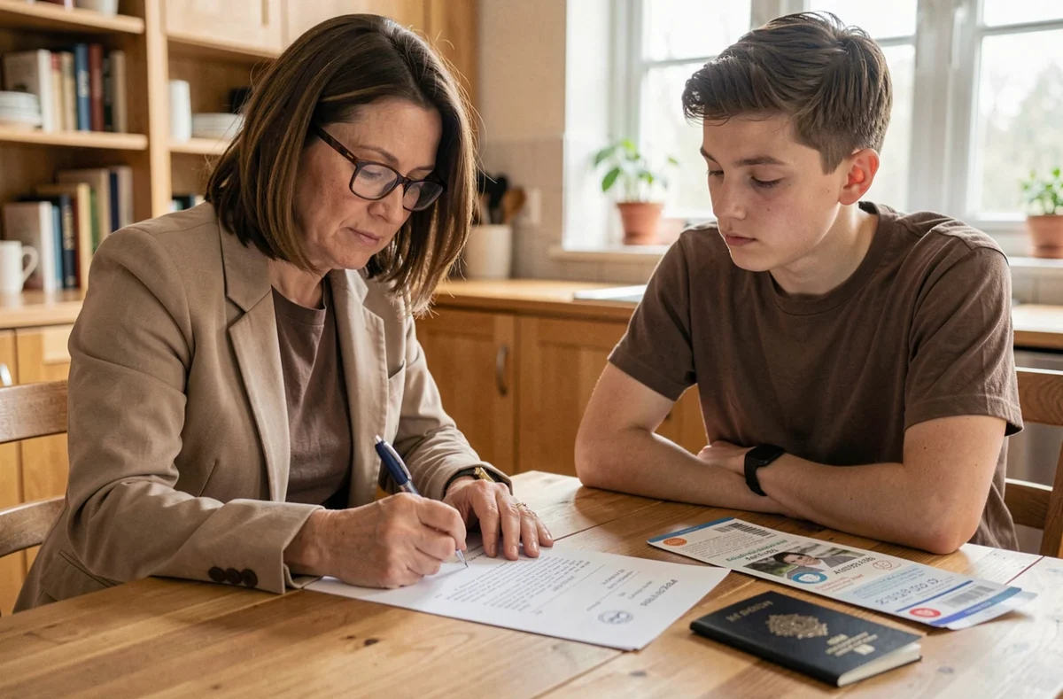 Une mère signe une autorisation parentale de voyage pour son adolescent avant un départ en avion