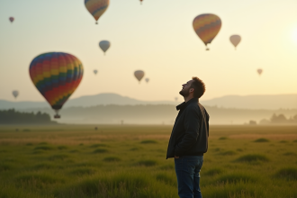 Homme regardant le ciel avec montgolfières colorées au lever du jour