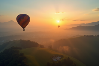 Montgolfière survolant un paysage au lever du soleil