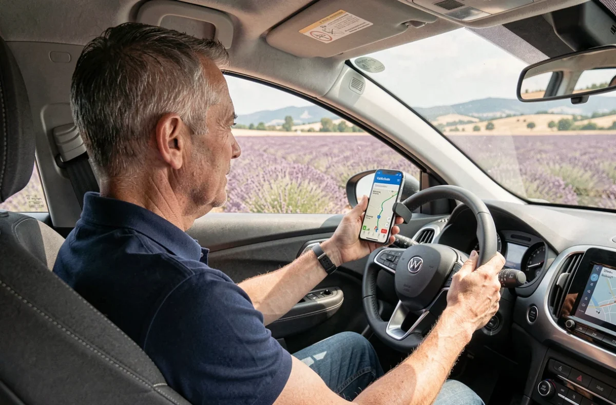 Conducteur utilisant la navigation GPS ViaMichelin sur smartphone en voiture lors d'un road trip en Provence