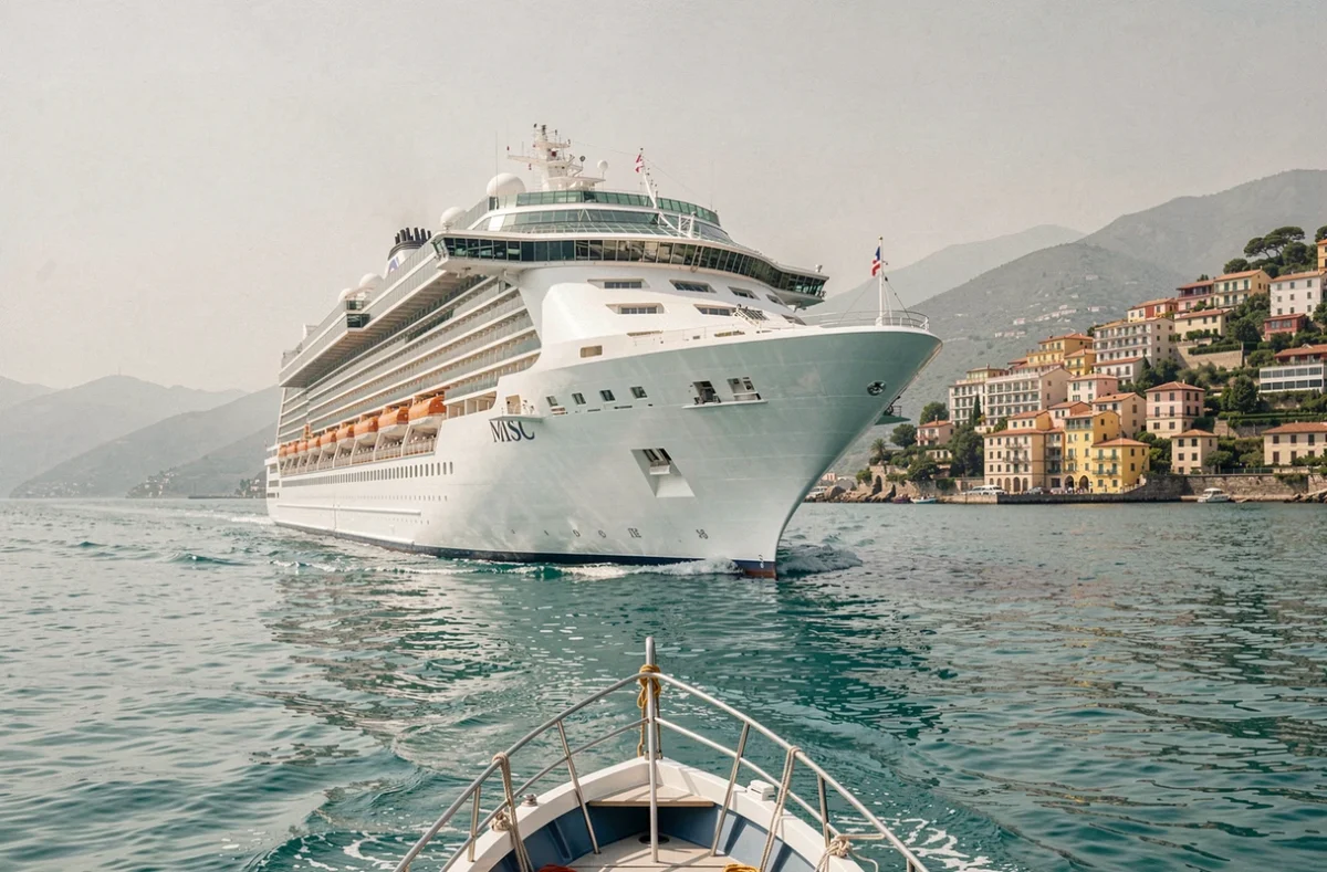 Vue extérieure d'un grand navire de croisière MSC depuis la mer avec un village méditerranéen en arrière-plan