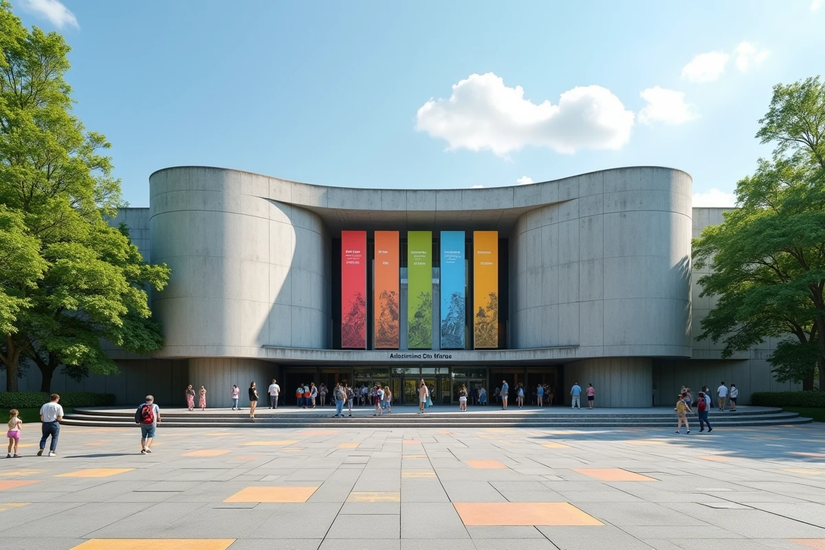 La façade architecturale du New York Hall of Science en bordure de Corona Park à Queens avec des visiteurs à l'entrée