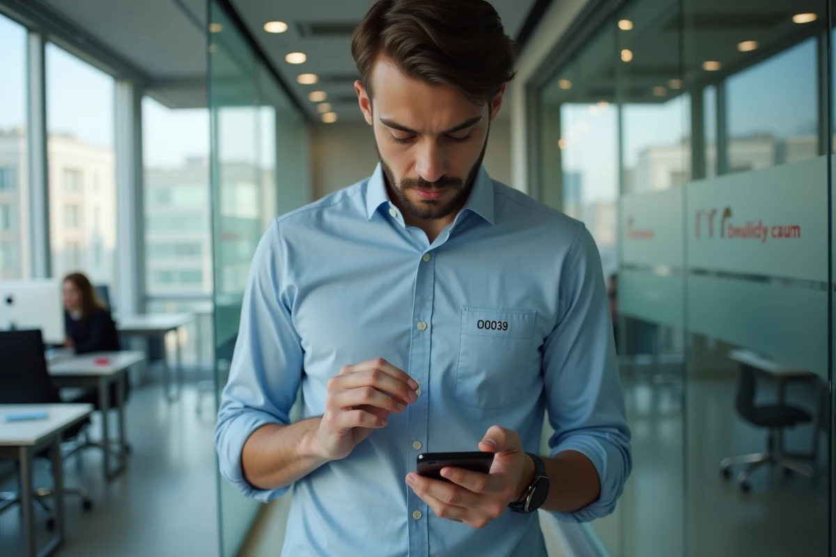 Jeune homme en bureau regardant un numéro inconnu avec l'indicatif international 0039 sur son téléphone