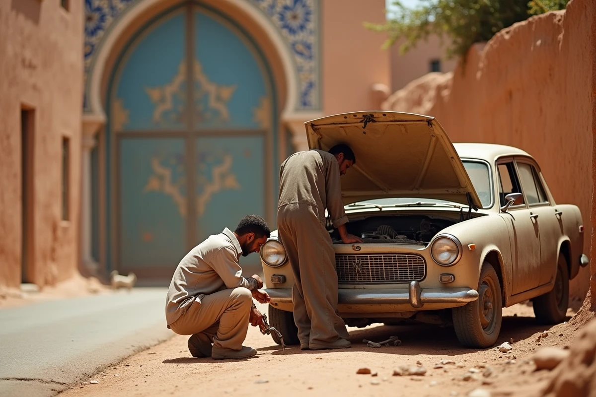 Deux hommes dépannant une voiture en panne avec un pneu crevé devant les remparts ocre d'une médina marocaine