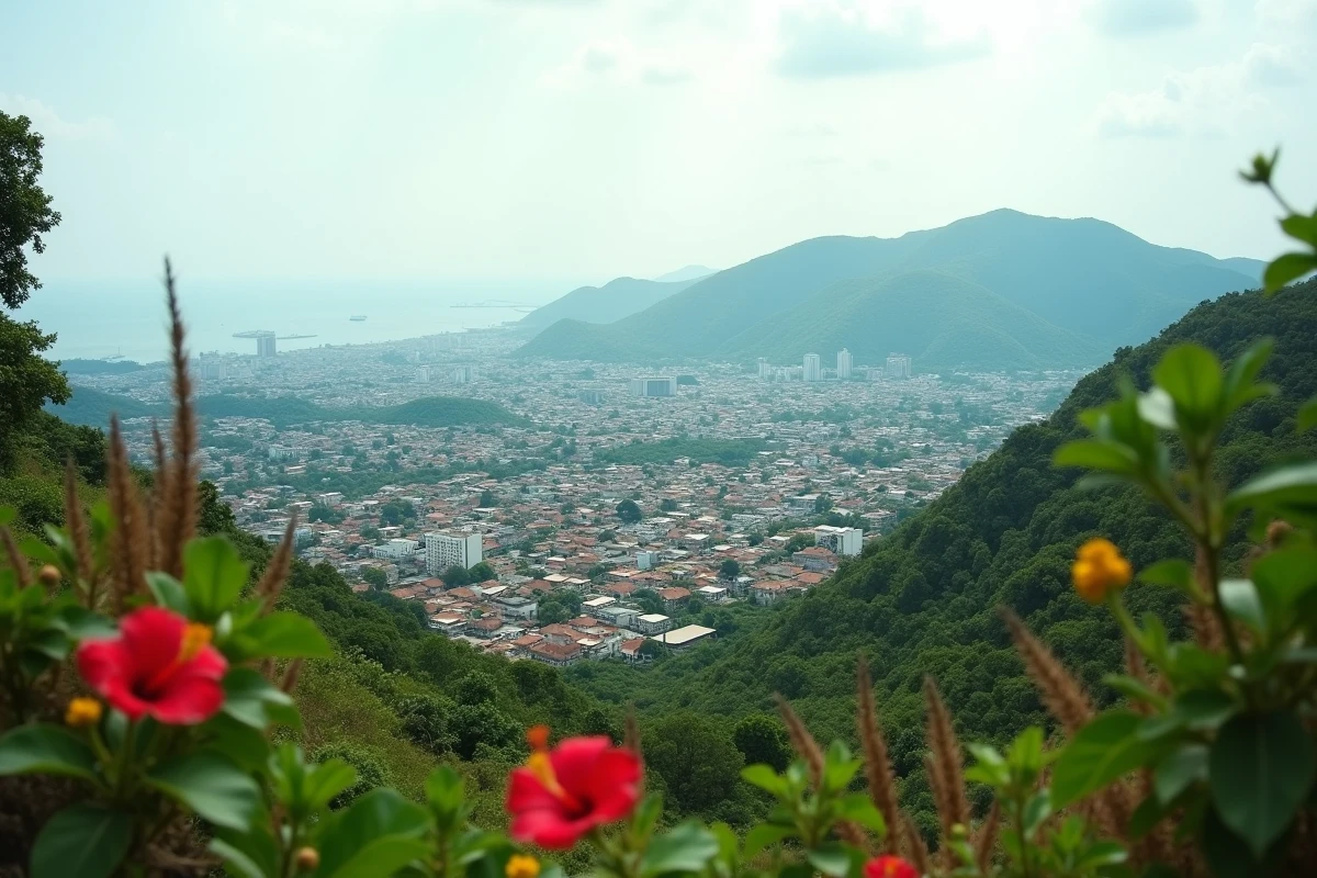 Vue panoramique de Kingston et du port depuis les collines avec les Blue Mountains en arrière-plan