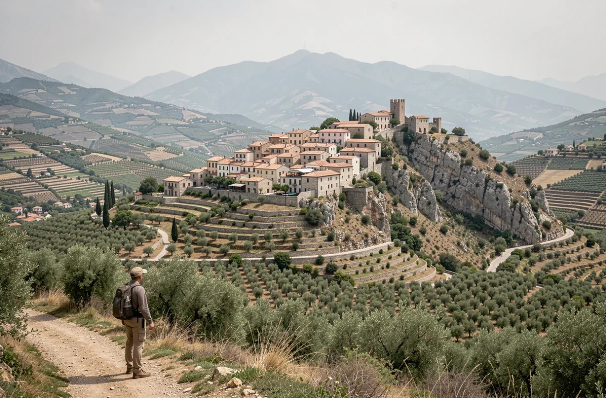 Vue panoramique de la ville de Corleone perchée sur une colline rocheuse en Sicile entourée d'oliviers et de végétation méditerranéenne