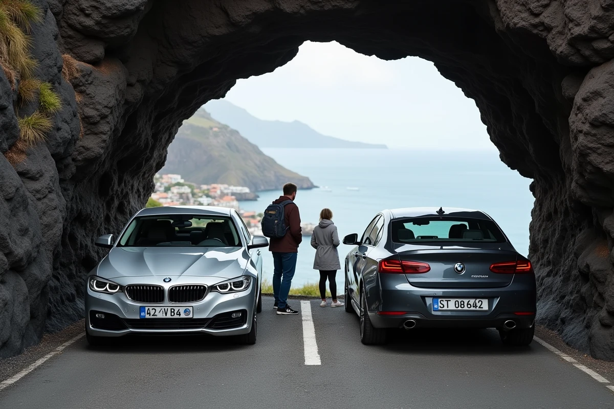 Parking en bord de falaise à Madère avec voitures de location garées et touristes admirant le panorama sur l'océan