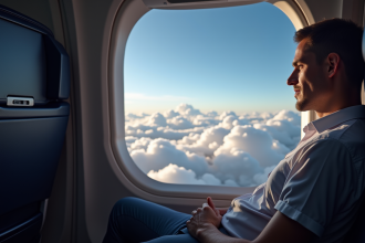 Passager regardant par la fenetre d'avion sur des nuages