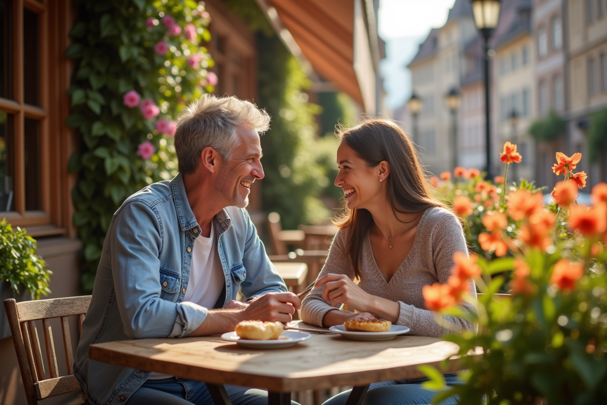 Couple prenant le petit déjeuner dans un café alsacien fleuri