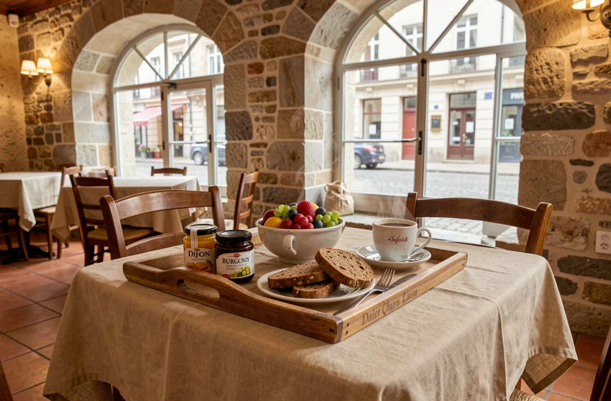 Table de petit-déjeuner dans un hôtel centre-ville de Dijon avec produits du terroir bourguignon, moutarde, pain d'épices et miel local sur nappe en lin