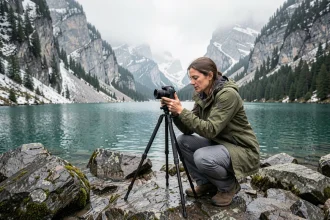 Photographe en randonnée au bord du lac d'Oeschinensee dans les Alpes bernoises, cadrant un paysage montagnard avec falaises calcaires et eaux turquoise