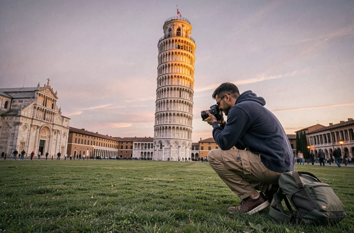 Photographe accroupi sur la pelouse de la Piazza dei Miracoli prenant en photo la Tour de Pise au crépuscule