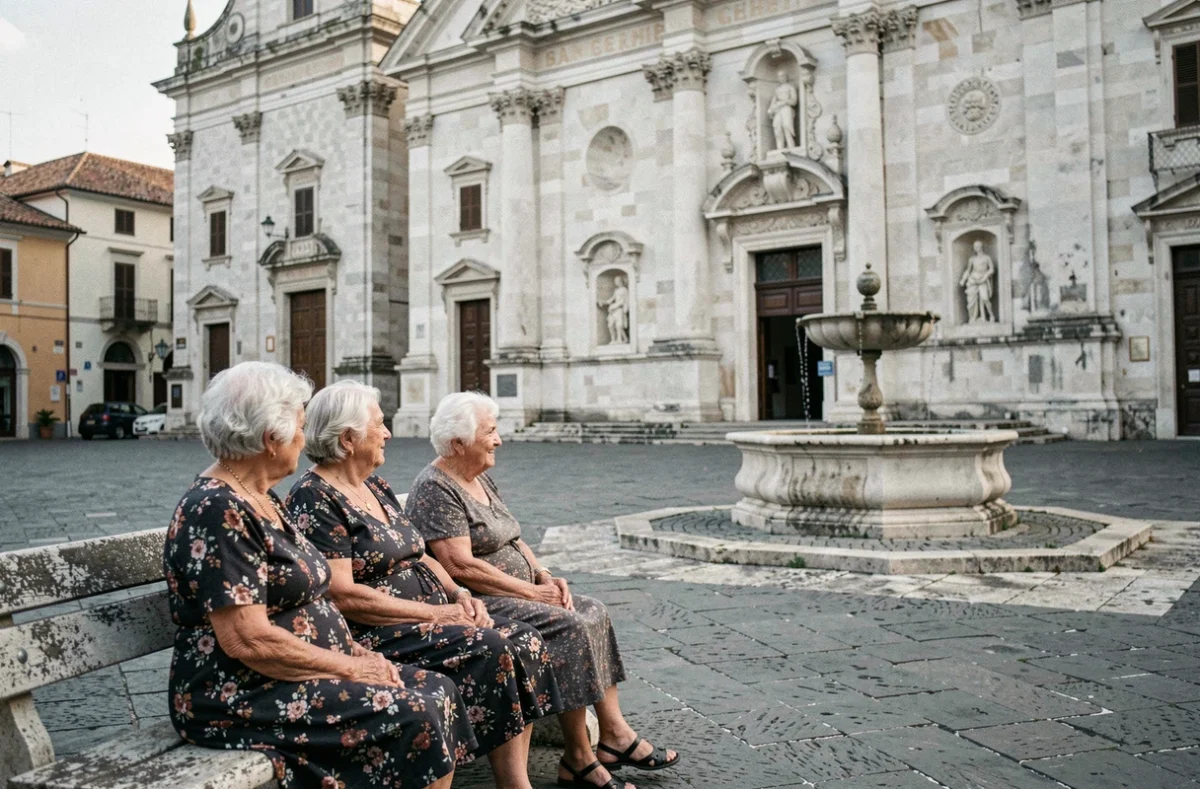 Place centrale de Corleone avec une église baroque en pierre et des femmes âgées siciliennes discutant sur un banc