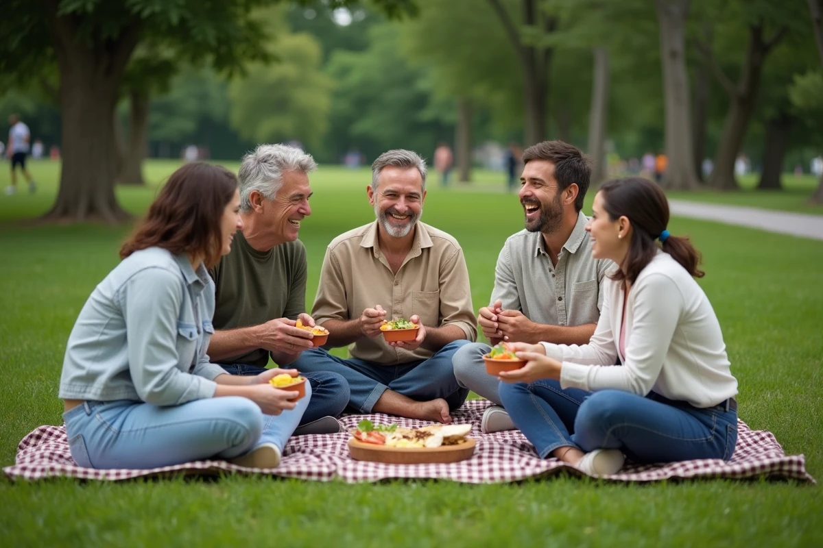 Un groupe d'amis profitant d'un pique-nique sur la pelouse de Corona Park à Queens New York par une belle journée
