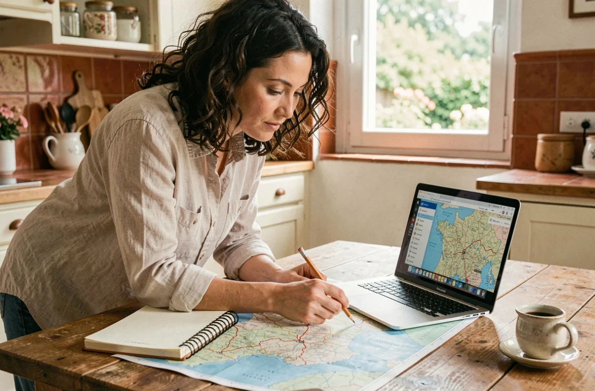 Femme planifiant un itinéraire de vacances avec ViaMichelin sur ordinateur portable et carte routière papier