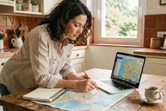 Femme planifiant un itinéraire de vacances avec ViaMichelin sur ordinateur portable et carte routière papier