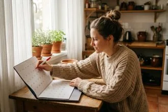 Femme consultant un calendrier pour planifier des ponts et jours fériés depuis sa cuisine