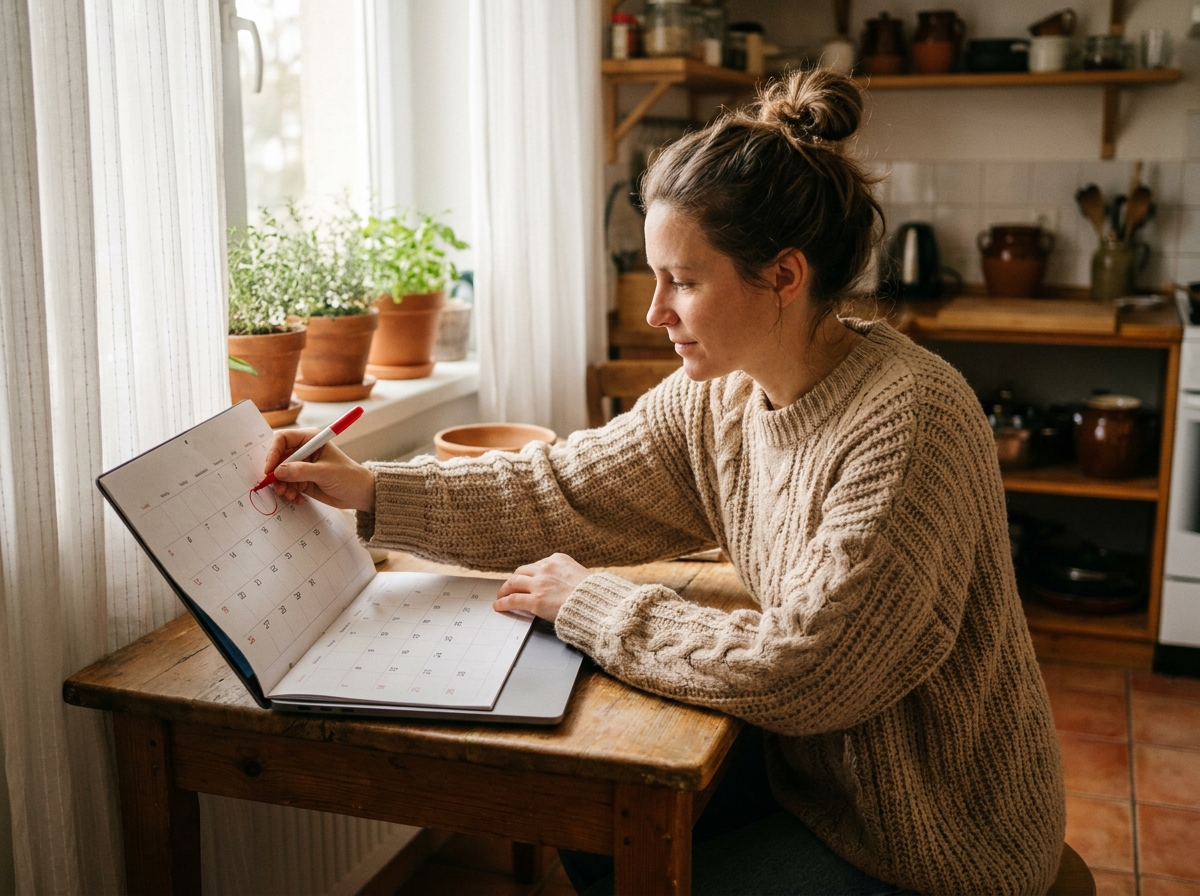 Femme consultant un calendrier pour planifier des ponts et jours fériés depuis sa cuisine