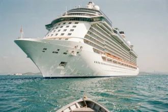 Vue grand angle d'un immense paquebot de croisière depuis un canot sur l'eau turquoise