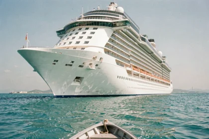 Vue grand angle d'un immense paquebot de croisière depuis un canot sur l'eau turquoise