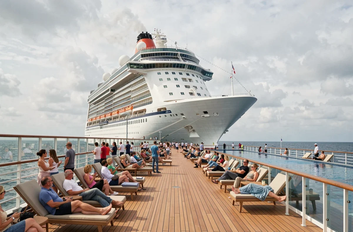 Pont promenade panoramique d'un immense navire de croisière avec piscines et passagers
