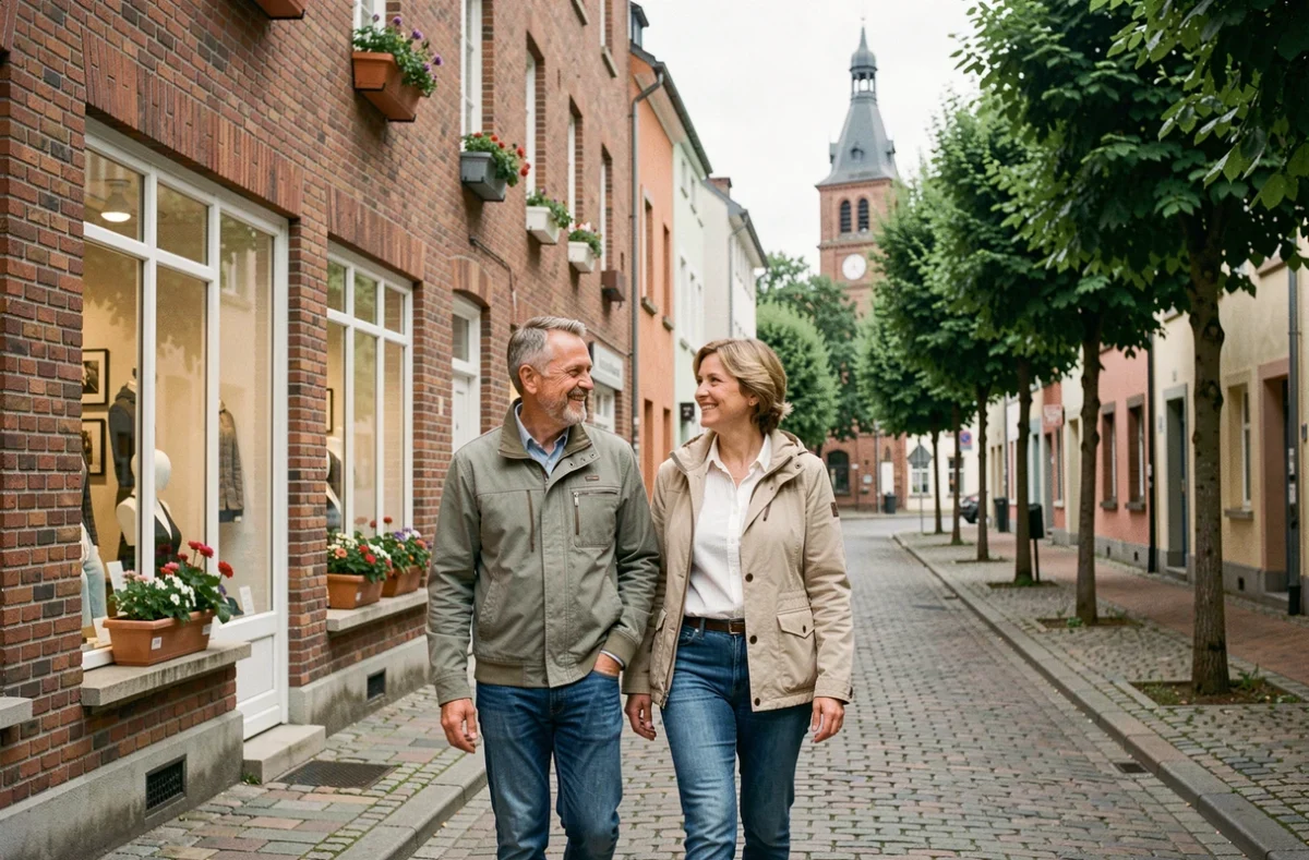 Couple se promenant dans une rue commerçante paisible entre Rodange et Pétange au Luxembourg