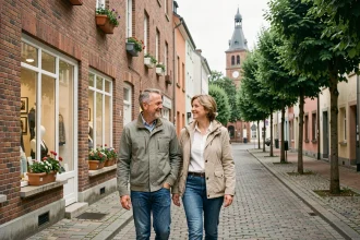 Couple se promenant dans une rue commerçante paisible entre Rodange et Pétange au Luxembourg