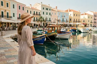 Femme se promenant sur le front de mer de Spinola Bay à Saint-Julien, Malte, avec des bateaux luzzu colorés traditionnels amarrés au quai
