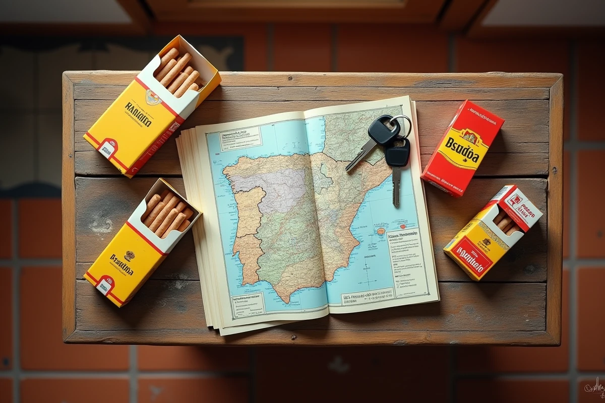 Vue du dessus de cartouches de tabac espagnol, carte routière et document douanier sur une table en bois