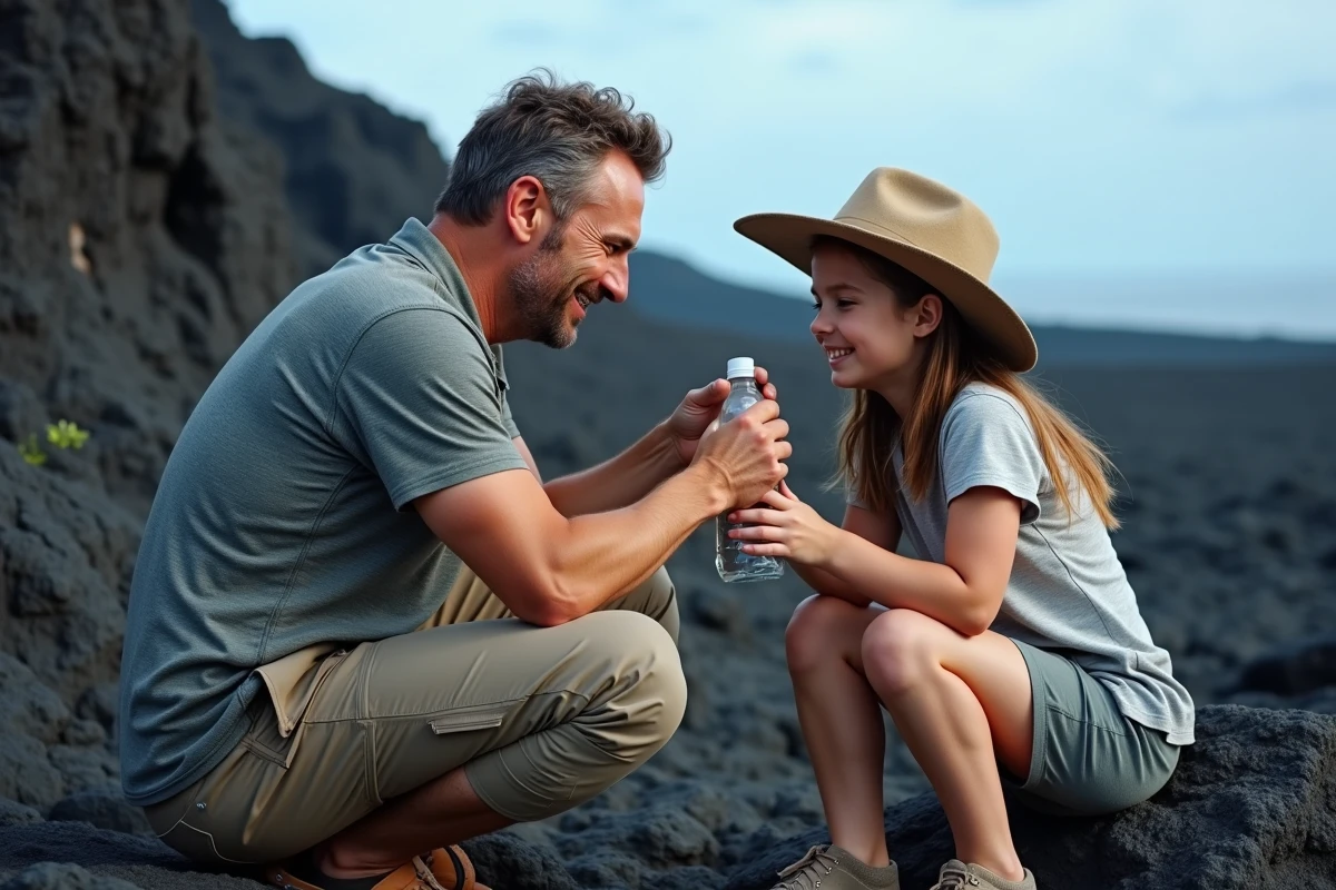 Père et fille en randonnée sur un terrain volcanique de La Réunion, fatigués par le décalage horaire lors d'un voyage en famille