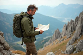 Randonneur consultant une carte topographique sur la crête rocheuse de la Pointe du Salaison avec vue panoramique sur la vallée