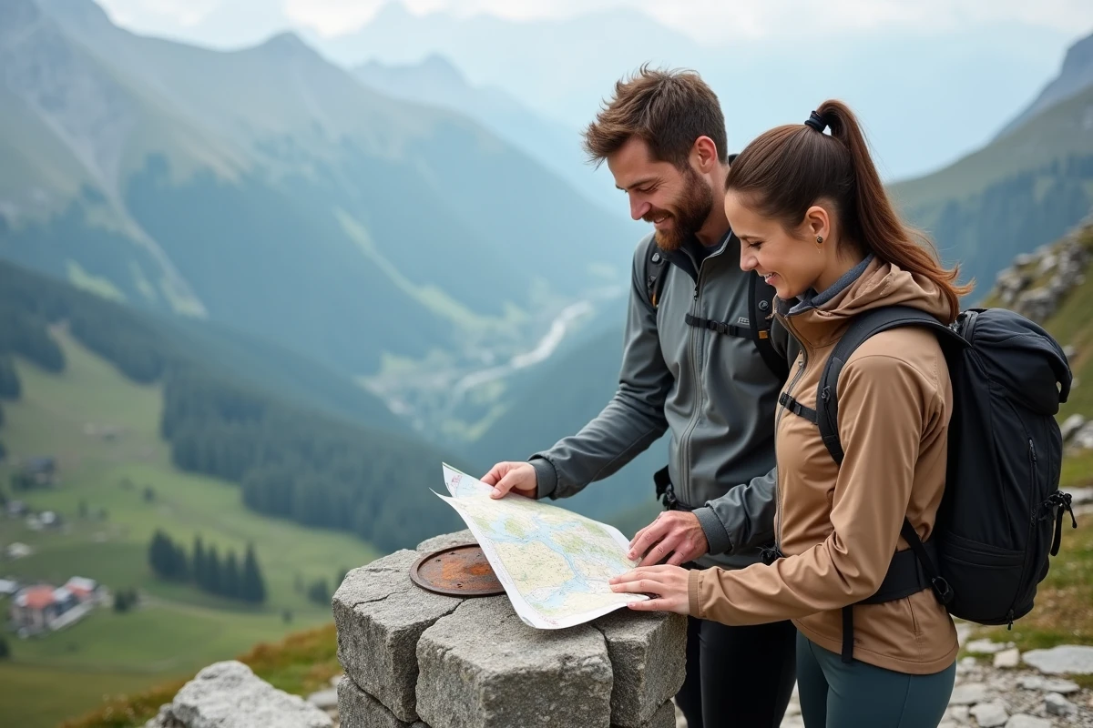 Deux randonneurs consultant une carte au Col du Petit-Saint-Bernard avec panorama sur le Val d'Aoste en arrière-plan