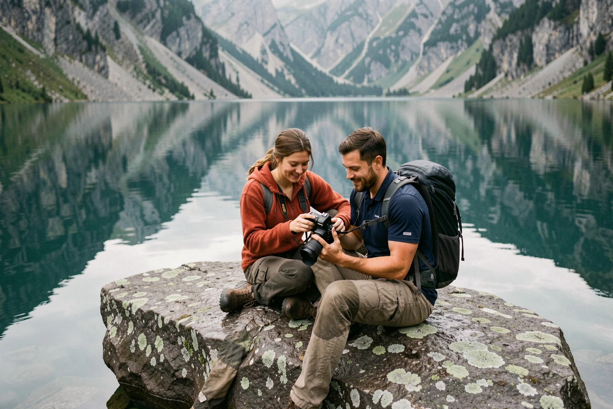 Deux randonneurs consultant leurs photos sur un rocher au bord du lac Oeschinensee entouré de falaises alpines reflétées dans l'eau calme